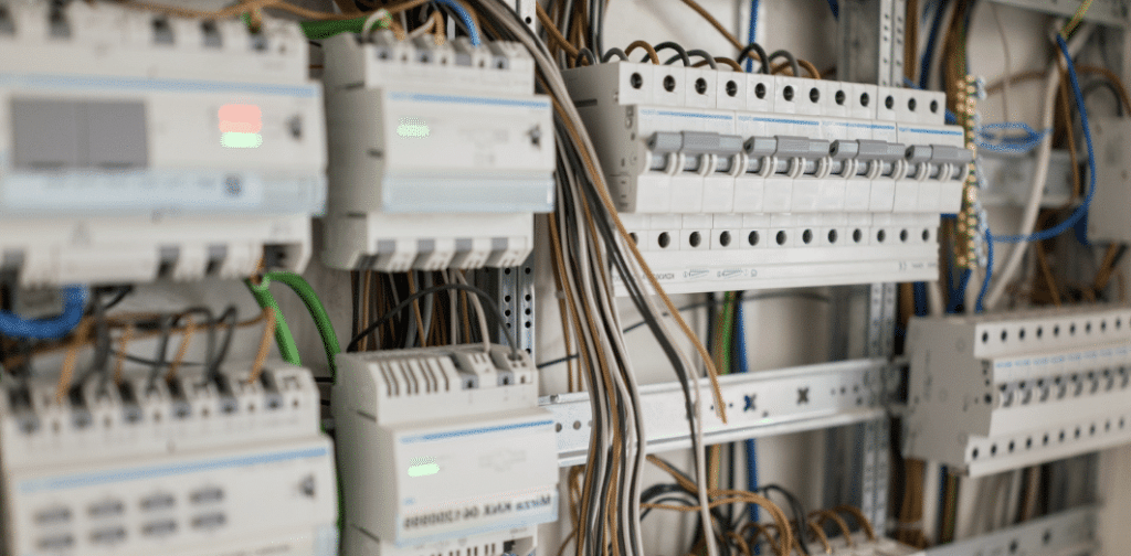 Two vertical DIN rails mounted side by side and PLC parts